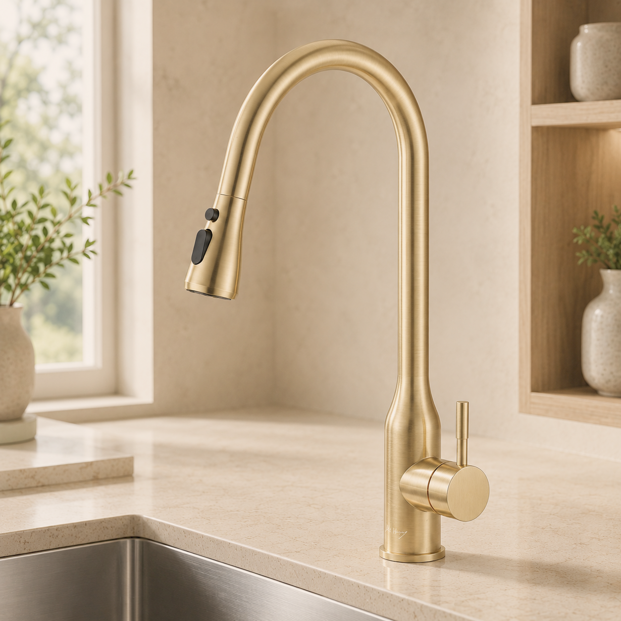High-bend pull-out kitchen sink faucet