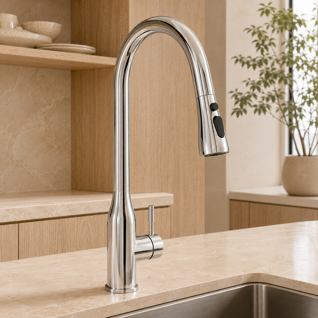 High-bend pull-out kitchen sink faucet