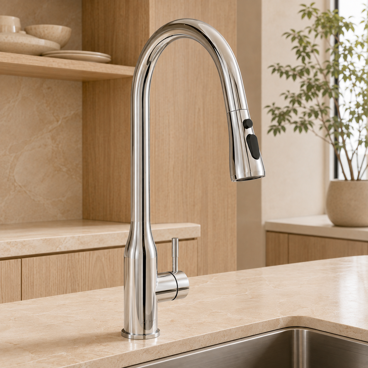 High-bend pull-out kitchen sink faucet