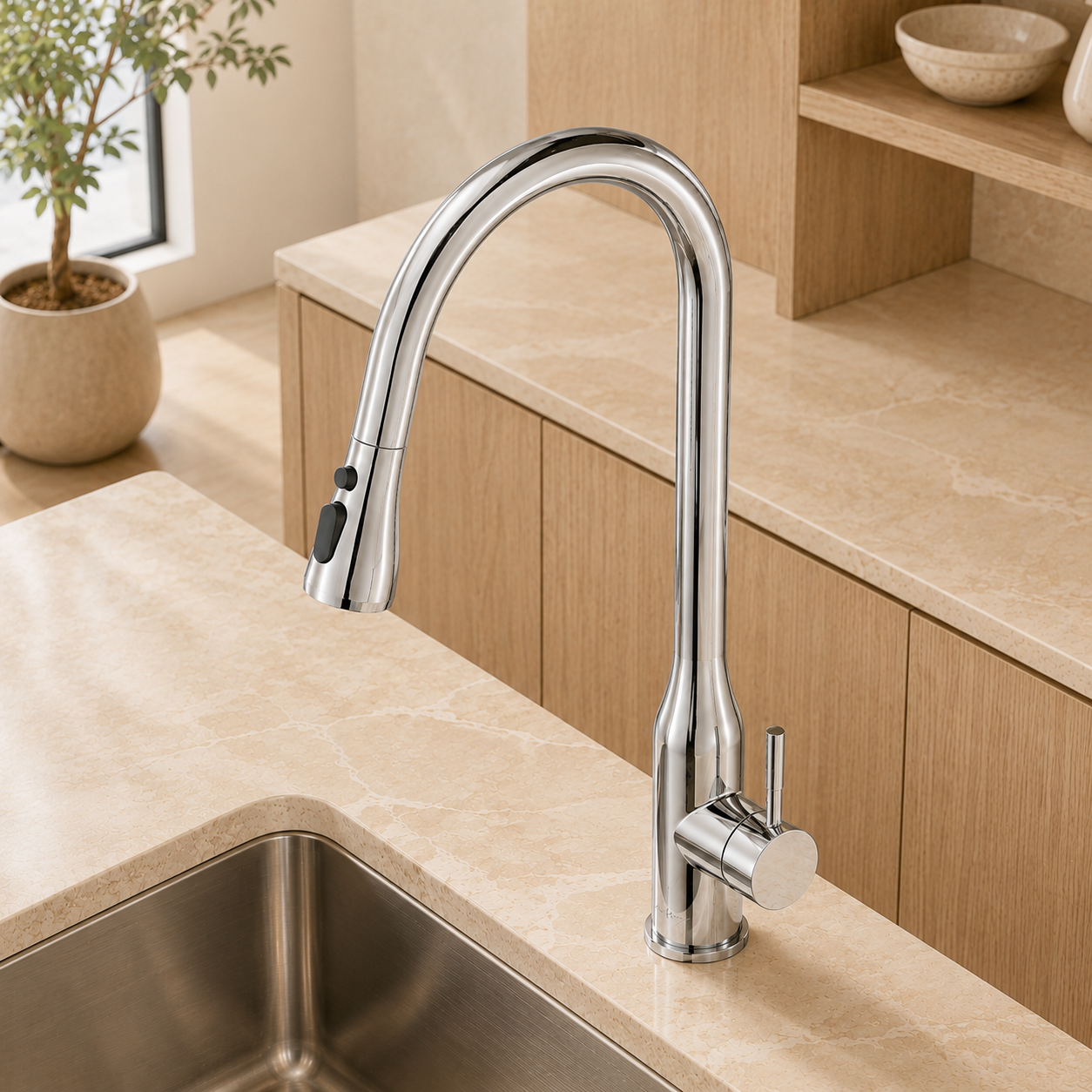 High-bend pull-out kitchen sink faucet