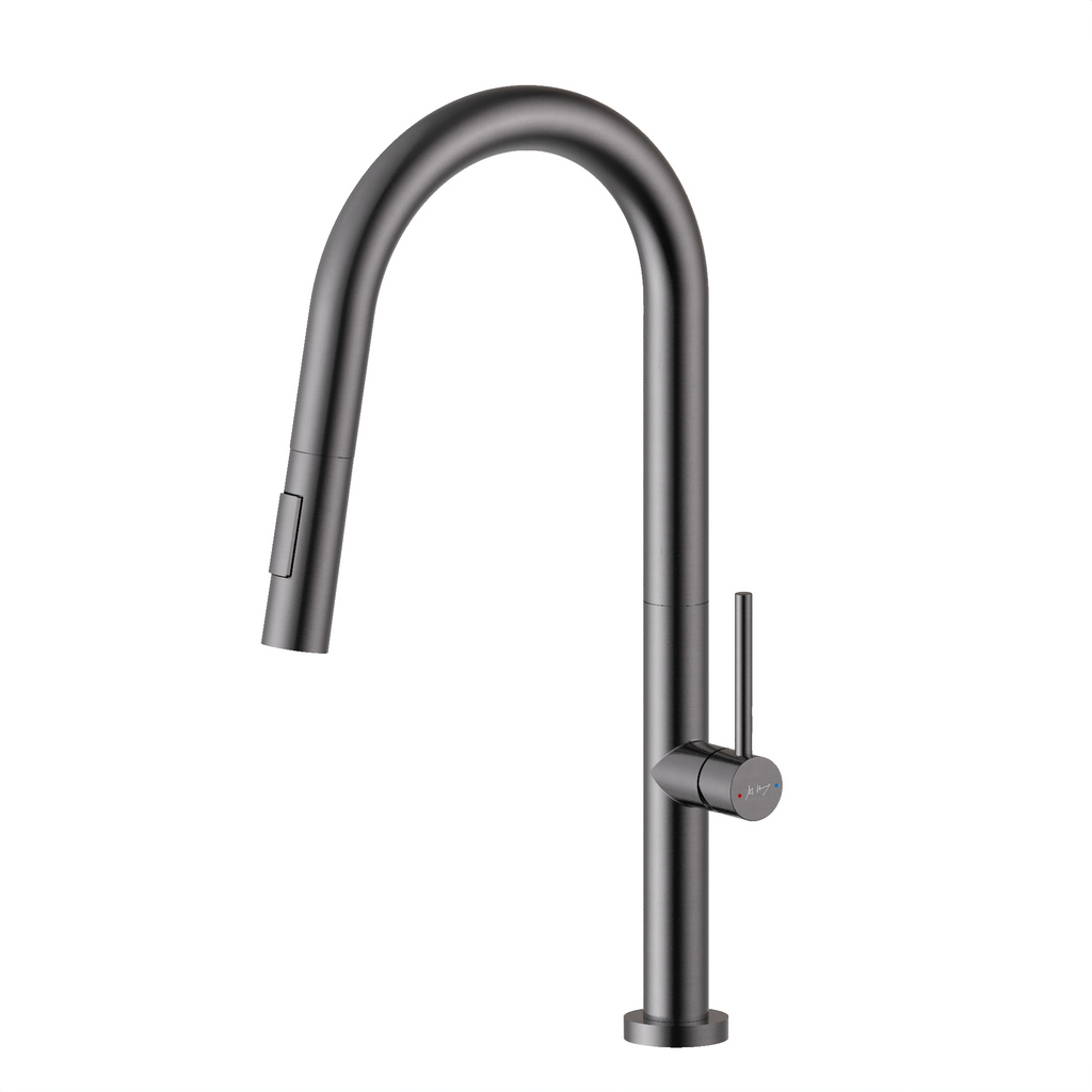 Pull-out kitchen sink faucet with high bend