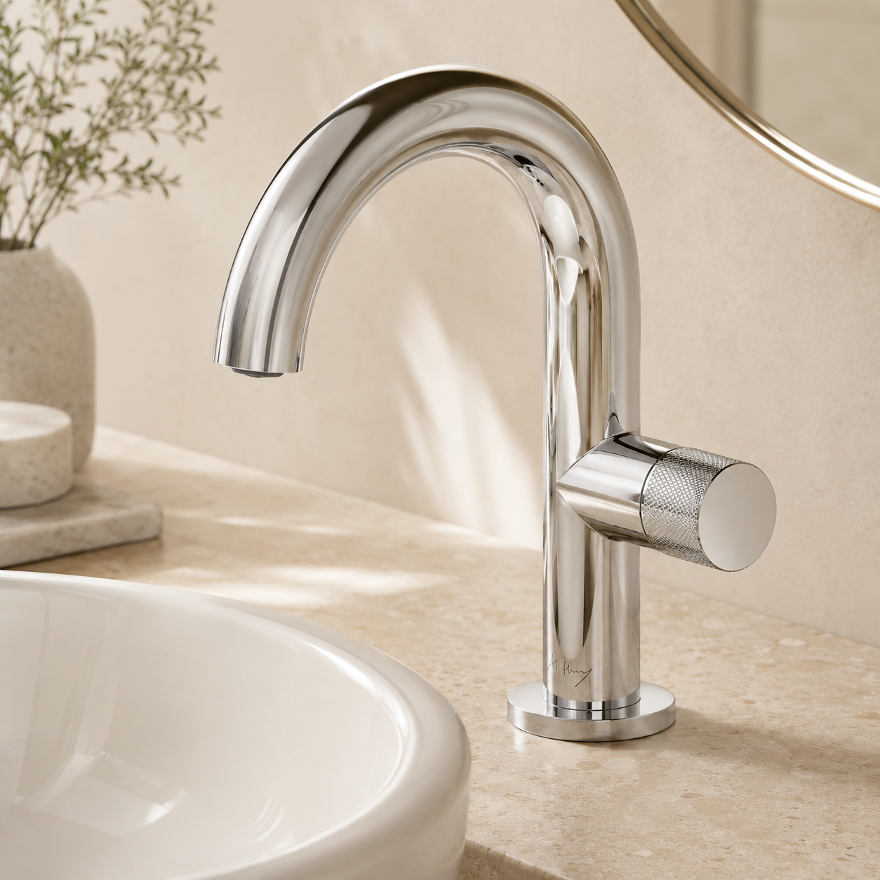 Large Curved Side-Opening Knurled Handle Basin Faucet