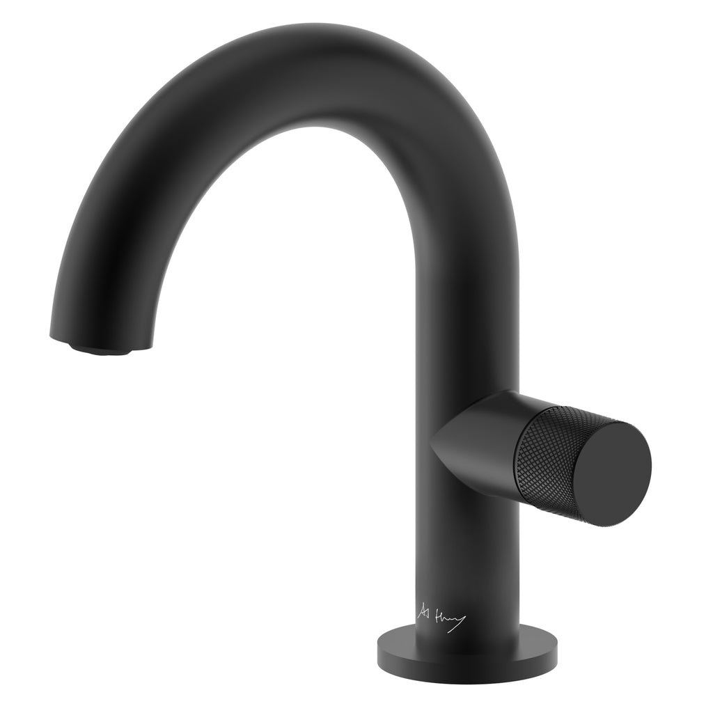 Large Curved Side-Opening Knurled Handle Basin Faucet
