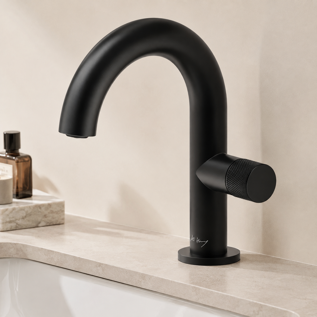 Large Curved Side-Opening Knurled Handle Basin Faucet